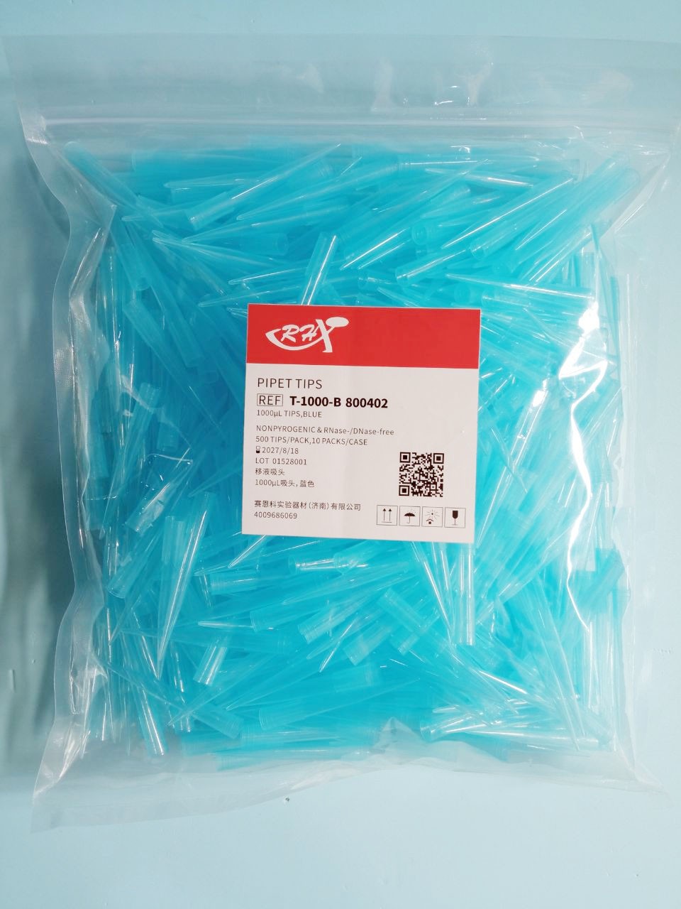 RH RH 青岛库 无酶袋装吸头1000ul 77.98mm   T-1000-B RHX 蓝色 1000ul   500只/包*10/箱 青岛库 蓝色 1000ul   500只/包*10/箱 青岛库