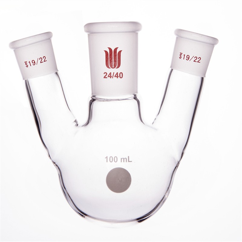 欣维尔 欣维尔 青岛库 斜三口烧瓶 100ml  24*19*2 欣维尔 100ml 中间24/40侧19/22 青岛库 100ml 中间24/40侧19/22 青岛库